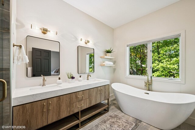 820 Vineland Ct, Chanhassen, MN 55317 - full bathroom with double vanity and a freestanding tub
