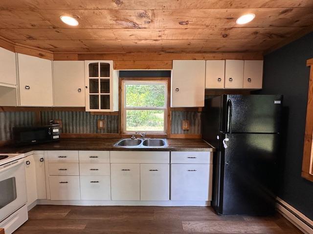 4623 Salo Rd, Waasa Twp, MN 55732 - kitchen featuring a baseboard radiator, black appliances, white cabinetry, wood ceiling, and dark countertops