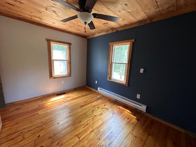 4623 Salo Rd, Waasa Twp, MN 55732 - spare room featuring a baseboard radiator, wooden ceiling, healthy amount of natural light, hardwood / wood-style flooring, and a ceiling fan