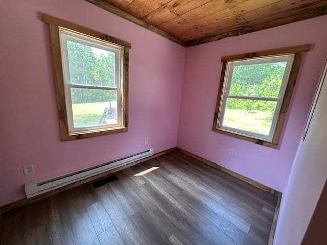 4623 Salo Rd, Waasa Twp, MN 55732 - unfurnished room featuring a baseboard radiator, healthy amount of natural light, wooden ceiling, and wood finished floors