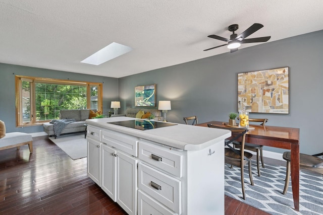 9700 265th St, Elko New Market, MN 55020 - kitchen featuring black electric stovetop, a textured ceiling, open floor plan, dark wood-type flooring, and a skylight