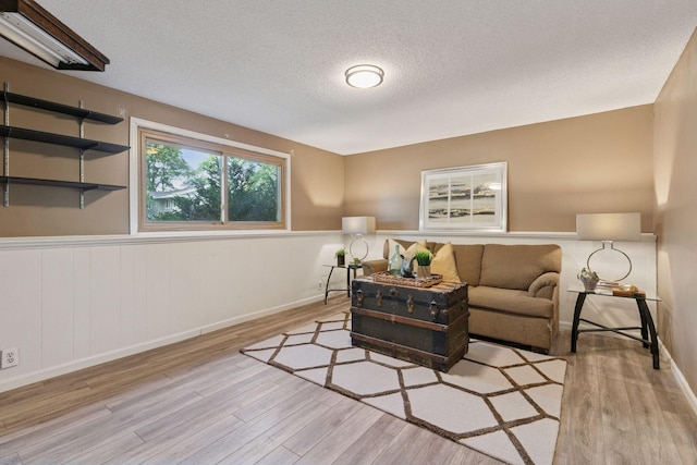 9700 265th St, Elko New Market, MN 55020 - living area featuring wood finished floors, a textured ceiling, and wainscoting