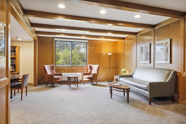 1181 Edgcumbe Rd Unit 501, Saint Paul, MN 55105 - carpeted living area featuring beam ceiling, recessed lighting, a wall mounted air conditioner, and wood walls