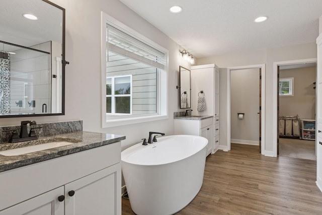 14217 Packard St NE, Ham Lake, MN 55304 - bathroom with two vanities, tiled shower, wood finished floors, a freestanding tub, and recessed lighting