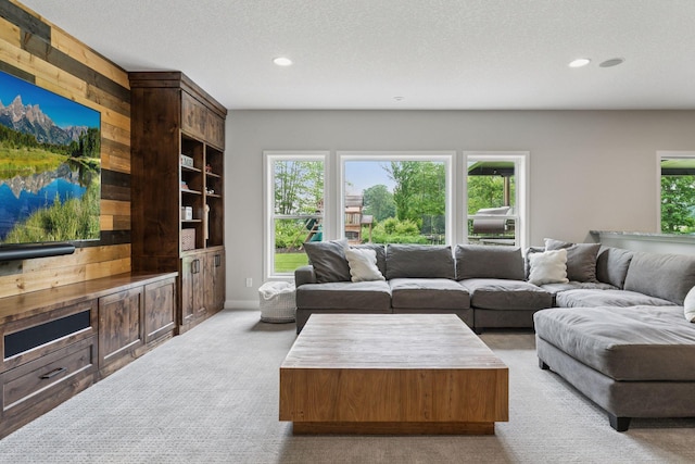 14217 Packard St NE, Ham Lake, MN 55304 - living room featuring light carpet, recessed lighting, and wood walls