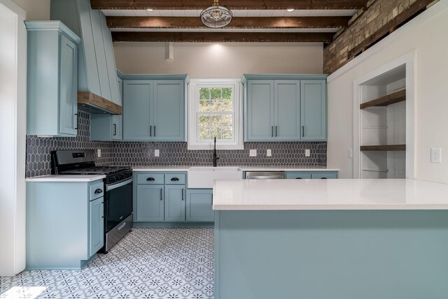 121 Hickory St, Chaska, MN 55318 - kitchen with range with gas stovetop, light countertops, backsplash, custom exhaust hood, and beamed ceiling