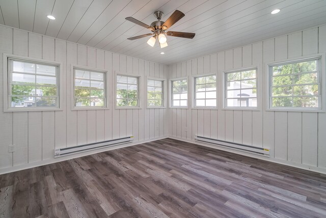 121 Hickory St, Chaska, MN 55318 - unfurnished sunroom featuring a baseboard heating unit, baseboard heating, healthy amount of natural light, wood finished floors, and wood ceiling