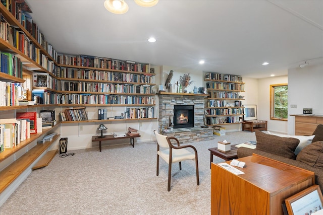 20907 Erickson Ln, Grantsburg, WI 54840 - carpeted living room with wall of books, recessed lighting, and a stone fireplace