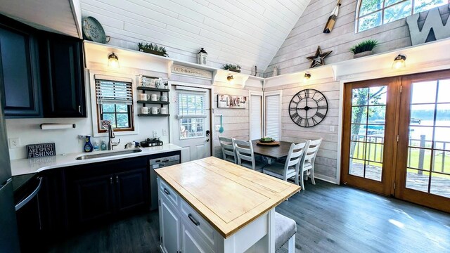 W6741 Lakewood Blvd, Dewey Twp, WI 54848 - kitchen featuring plenty of natural light, high vaulted ceiling, dark wood-type flooring, wood walls, and butcher block counters
