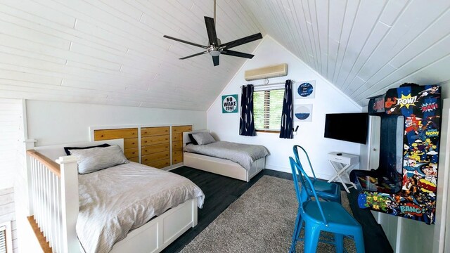 W6741 Lakewood Blvd, Dewey Twp, WI 54848 - bedroom featuring wooden ceiling, lofted ceiling, a ceiling fan, a wall mounted air conditioner, and dark wood finished floors