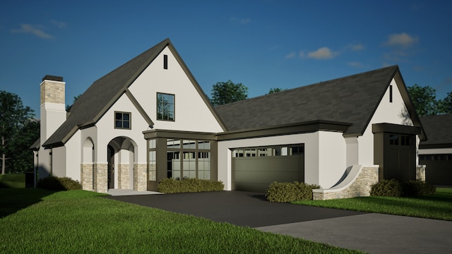 9919 Crestwood Ter, Eden Prairie, MN 55347 - view of front of home featuring stone siding, stucco siding, asphalt driveway, and a chimney