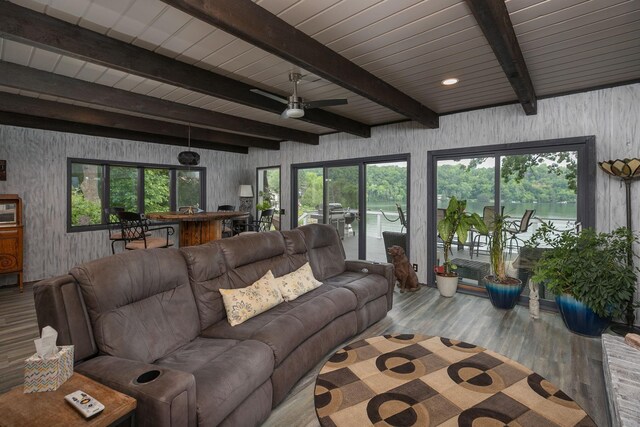 40536 Ryans Bay Rd, Zumbro Twp, MN 55991 - living area featuring wood finished floors, healthy amount of natural light, beam ceiling, ceiling fan, and wooden walls