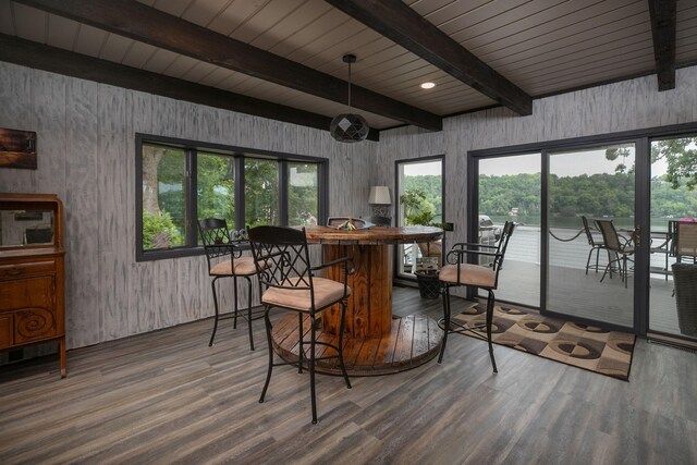 40536 Ryans Bay Rd, Zumbro Twp, MN 55991 - dining room featuring wood finished floors, plenty of natural light, beam ceiling, and a dry bar