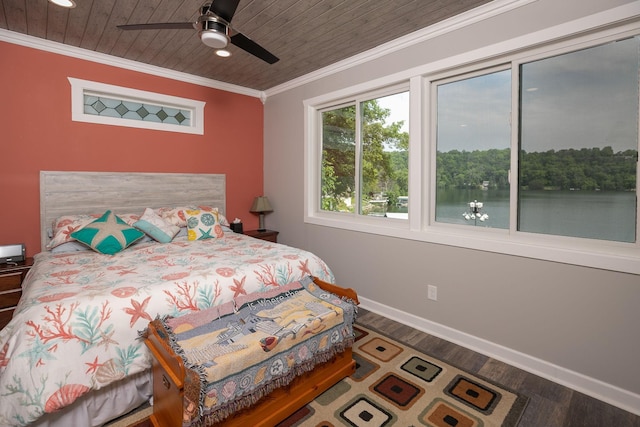 40536 Ryans Bay Rd, Zumbro Twp, MN 55991 - bedroom with wood finished floors, ornamental molding, wood ceiling, recessed lighting, and ceiling fan