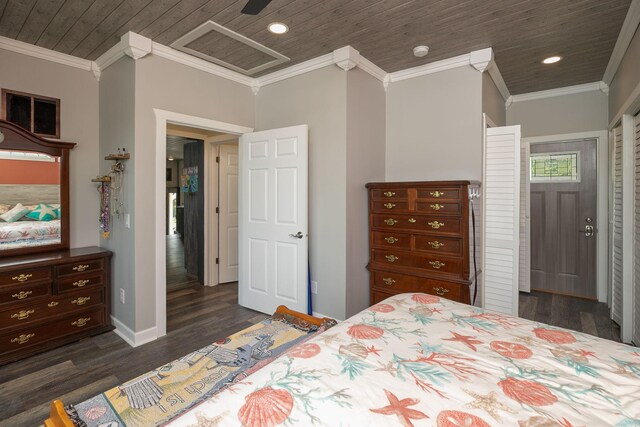 40536 Ryans Bay Rd, Zumbro Twp, MN 55991 - bedroom with wood ceiling, dark wood-type flooring, recessed lighting, and ornamental molding