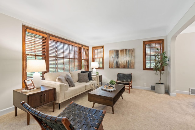 2709 Ewing Ave N, Robbinsdale, MN 55422 - living room featuring carpet floors and arched walkways