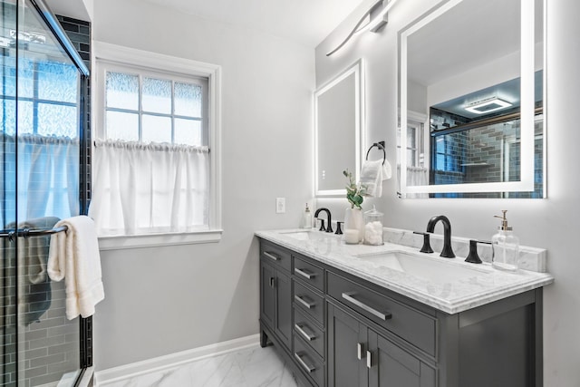 2709 Ewing Ave N, Robbinsdale, MN 55422 - full bath with double vanity, marble look tiles, and a shower stall