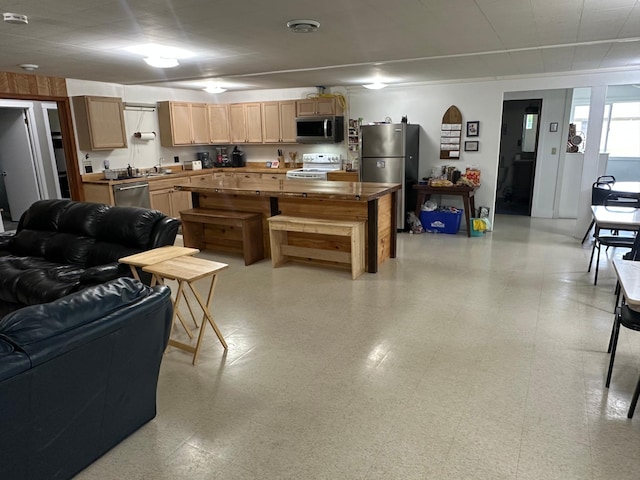 200 Park Ave, Williams, MN 56686 - kitchen with stainless steel appliances, a center island, light brown cabinetry, and light floors