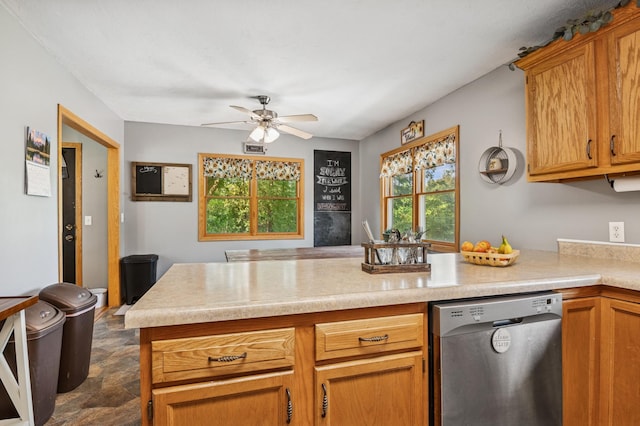 2796 269th Ave NE, Isanti, MN 55040 - kitchen featuring dishwasher, light countertops, ceiling fan, a peninsula, and stone finish floors