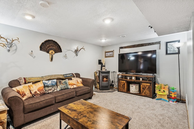 2796 269th Ave NE, Isanti, MN 55040 - living area with carpet floors, a wood stove, and a textured ceiling