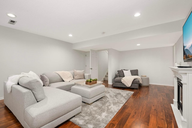 5713 Duncan Ln, Edina, MN 55436 - living room featuring dark wood finished floors, stairway, and recessed lighting