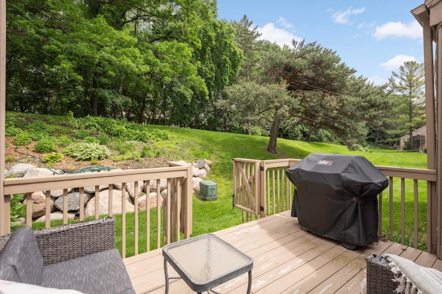 5713 Duncan Ln, Edina, MN 55436 - wooden terrace with a grill, a lawn, and view of wooded area