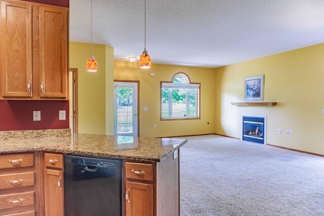 1152 Crystal Pl W, Chaska, MN 55318 - kitchen with black dishwasher, a peninsula, light colored carpet, open floor plan, and light stone countertops