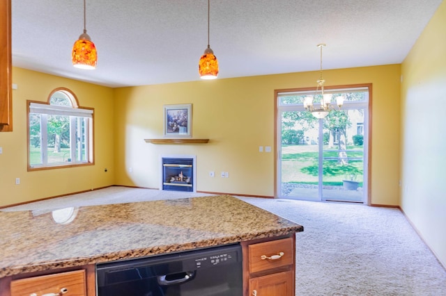 1152 Crystal Pl W, Chaska, MN 55318 - kitchen with dishwasher, light carpet, a textured ceiling, pendant lighting, and open floor plan