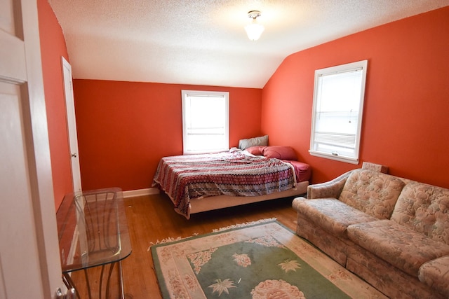 145 Riverside Dr, Stephen, MN 56757 - bedroom with vaulted ceiling, a textured ceiling, and wood finished floors