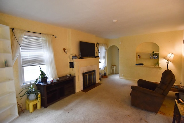 145 Riverside Dr, Stephen, MN 56757 - carpeted living area featuring arched walkways and a fireplace with flush hearth