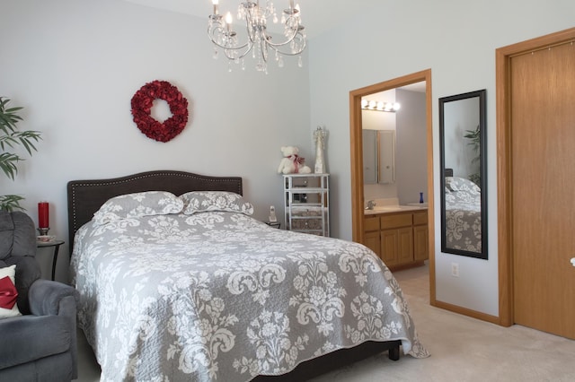 18566 Gladstone Blvd N, Maple Grove, MN 55311 - bedroom featuring a chandelier, light colored carpet, and connected bathroom