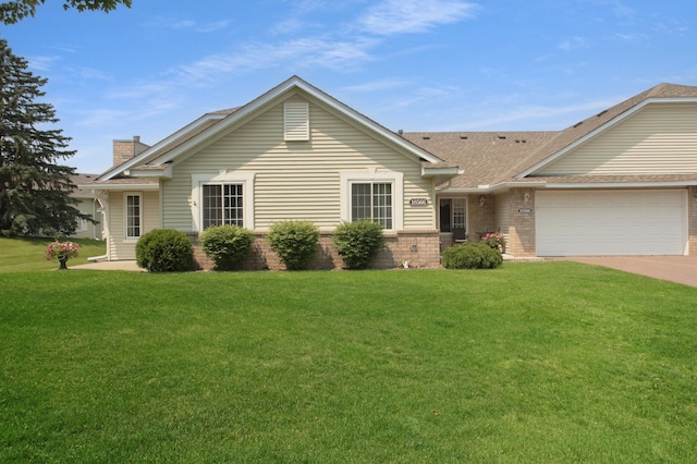 18566 Gladstone Blvd N, Maple Grove, MN 55311 - single story home featuring a chimney, a front lawn, driveway, an attached garage, and brick siding