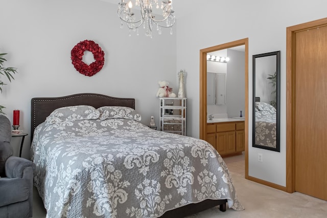 18566 Gladstone Blvd N, Maple Grove, MN 55311 - bedroom featuring light carpet, a chandelier, and connected bathroom