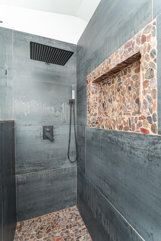 510 24th St SW, Rochester, MN 55902 - full bath with a tile shower, stone finish flooring, and vaulted ceiling