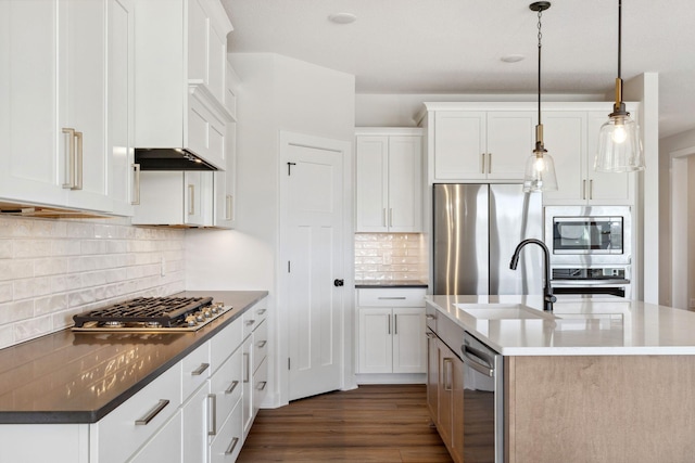 10180 Shadyview Ln N, Maple Grove, MN 55311 - kitchen with appliances with stainless steel finishes, decorative backsplash, dark wood-style flooring, and white cabinetry