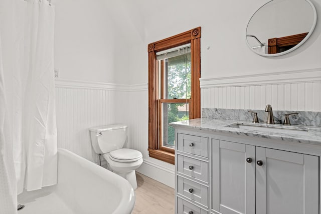 1813 11th Ave S, Minneapolis, MN 55404 - full bathroom with a wainscoted wall, vanity, wood finished floors, and a shower with curtain