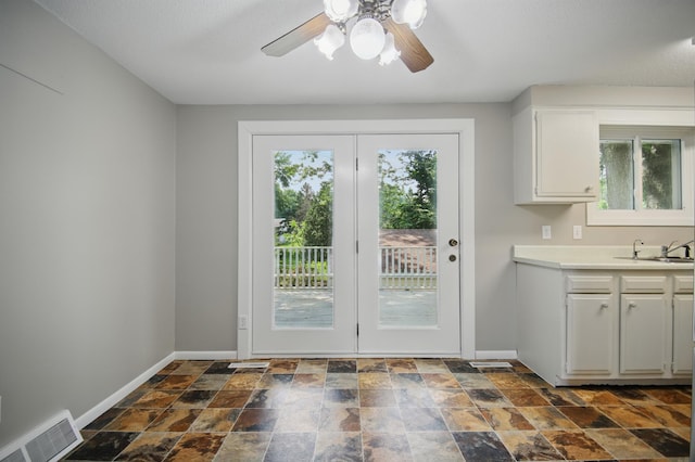 455 Sylvan St, Owatonna, MN 55060 - doorway featuring healthy amount of natural light, dark stone finish flooring, and a ceiling fan