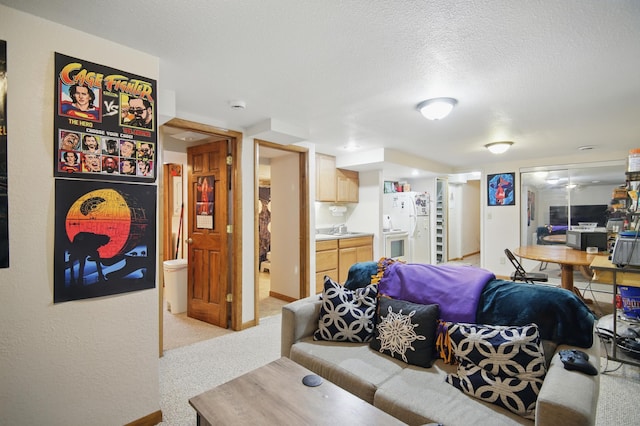 455 Sylvan St, Owatonna, MN 55060 - living room with light colored carpet, a textured ceiling, and stairs