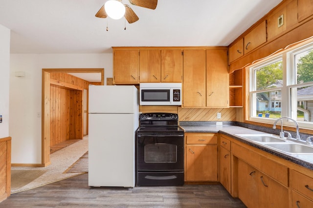 1115 3rd St NW, Faribault, MN 55021 - kitchen with white appliances, a ceiling fan, open shelves, and dark wood-style flooring