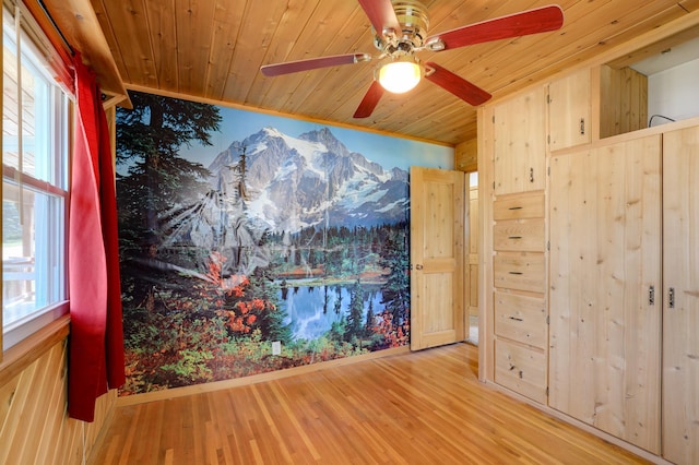 1115 3rd St NW, Faribault, MN 55021 - interior space featuring wooden ceiling, a mountain view, ceiling fan, wood finished floors, and healthy amount of natural light