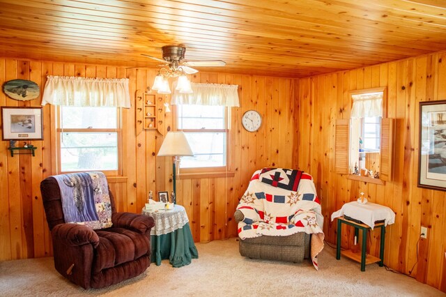 29042 County Road 4, Breezy Point, MN 56472 - sitting room featuring plenty of natural light, carpet flooring, ceiling fan, wooden ceiling, and wood walls