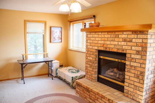 29042 County Road 4, Breezy Point, MN 56472 - carpeted bedroom featuring a brick fireplace and ceiling fan