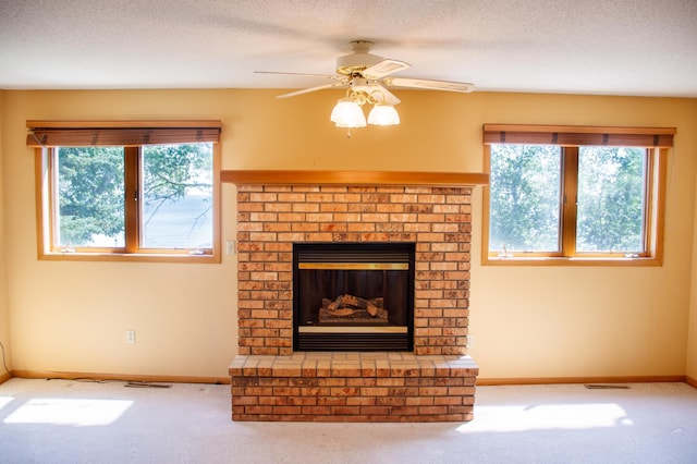 29042 County Road 4, Breezy Point, MN 56472 - unfurnished living room featuring carpet, a ceiling fan, and a brick fireplace