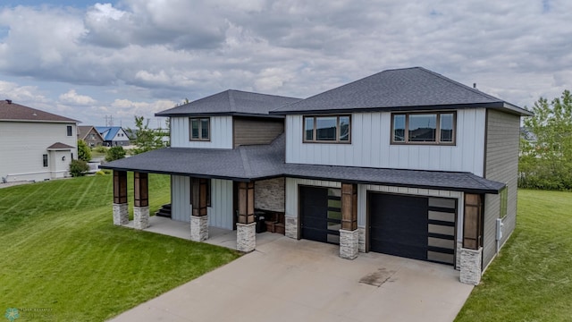 3405 4th St E, West Fargo, ND 58078 - contemporary house featuring a shingled roof, a front yard, and board and batten siding
