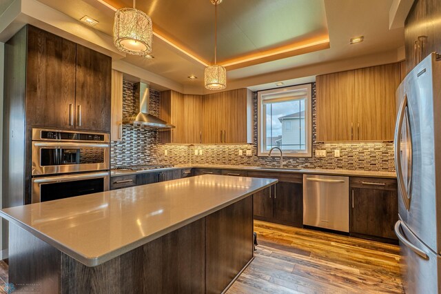 3405 4th St E, West Fargo, ND 58078 - kitchen featuring wall chimney exhaust hood, appliances with stainless steel finishes, a tray ceiling, light wood-style floors, and a kitchen island