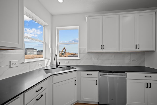 11532 Polaris Ln N, Dayton, MN 55369 - kitchen featuring dishwasher, white cabinetry, backsplash, dark countertops, and recessed lighting