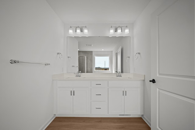 11532 Polaris Ln N, Dayton, MN 55369 - bathroom with tiled shower, double vanity, and wood finished floors
