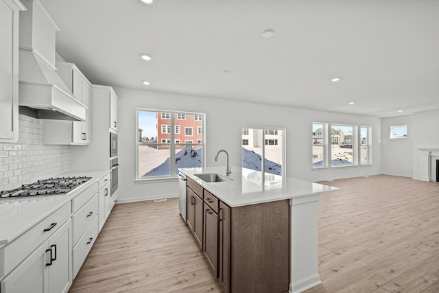 15920 116th Ave N, Dayton, MN 55369 - kitchen featuring light wood-style floors, premium range hood, appliances with stainless steel finishes, backsplash, and recessed lighting