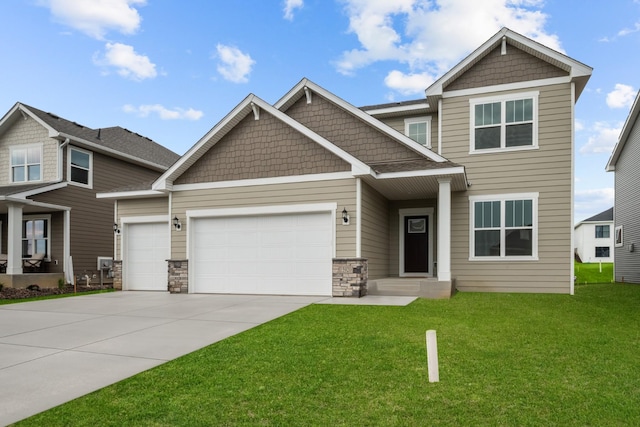 15920 116th Ave N, Dayton, MN 55369 - craftsman inspired home featuring an attached garage, driveway, a front yard, and stone siding