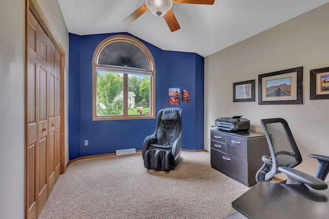 2708 Tranquility Dr, Saint Cloud, MN 56301 - carpeted home office featuring ceiling fan, lofted ceiling, and baseboards